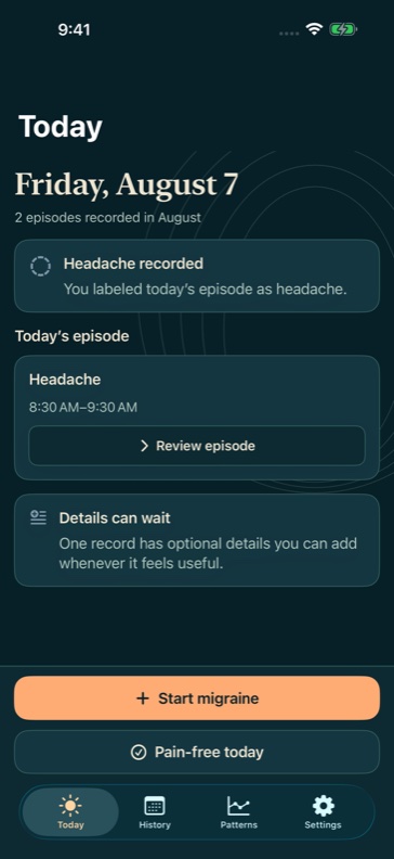 MigraTrace Today screen showing a recorded headache and the option to add details later.