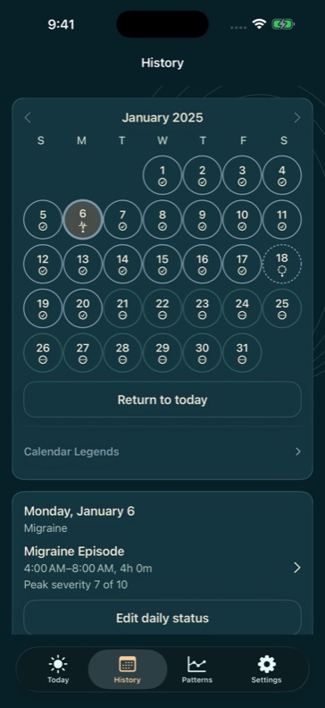 MigraTrace History calendar showing fictional migraine, headache, pain-free, and unknown days.