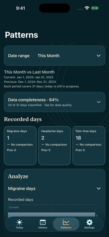 Patterns showing monthly counts and visible data completeness.