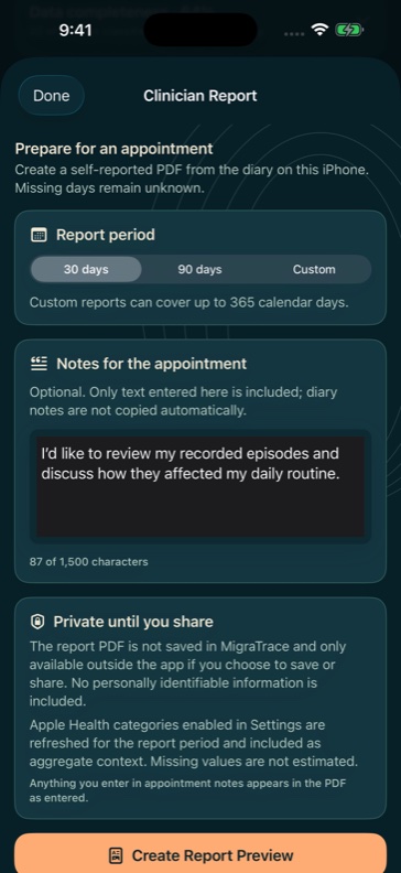 Pro clinician report configuration with period choices and fictional appointment notes.